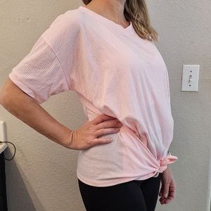 Women's Ribbed Cute Pink Basico Tie Front Short-sleeved Stylish Tshirt Small Fun